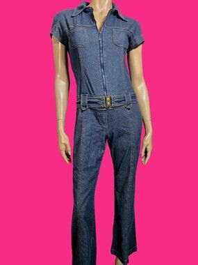 Vintage 90s Y2K  Denim Jumpsuit Size S Bootcut Stretchy Fitted Zip Up Belted
